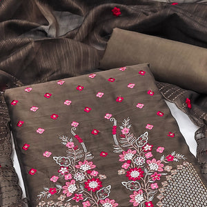 Brown Floral Embroidered Cotton Blend Dress Material