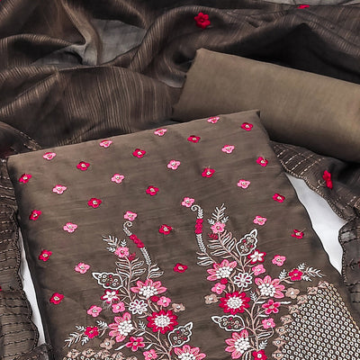 Brown Floral Embroidered Cotton Blend Dress Material