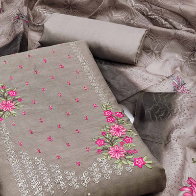 Brown Floral Embroidered Cotton Blend Dress Material