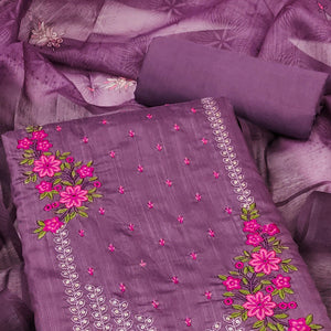 Dark Purple Floral Embroidered Cotton Blend Dress Material