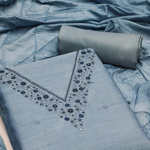 Bluish Grey Embroidered Cotton Blend Dress Material
