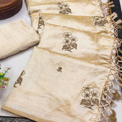 Cream Floral Embroidered Assam Silk Saree With Tassels