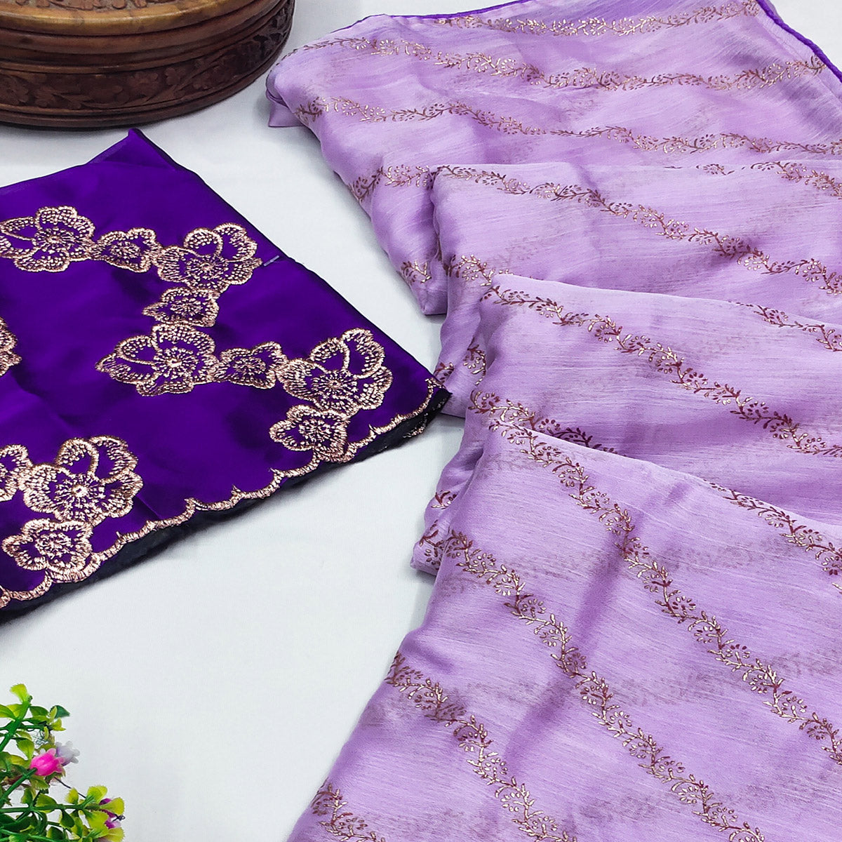 Lavender Foil Printed Chiffon Saree With Embroidered Border