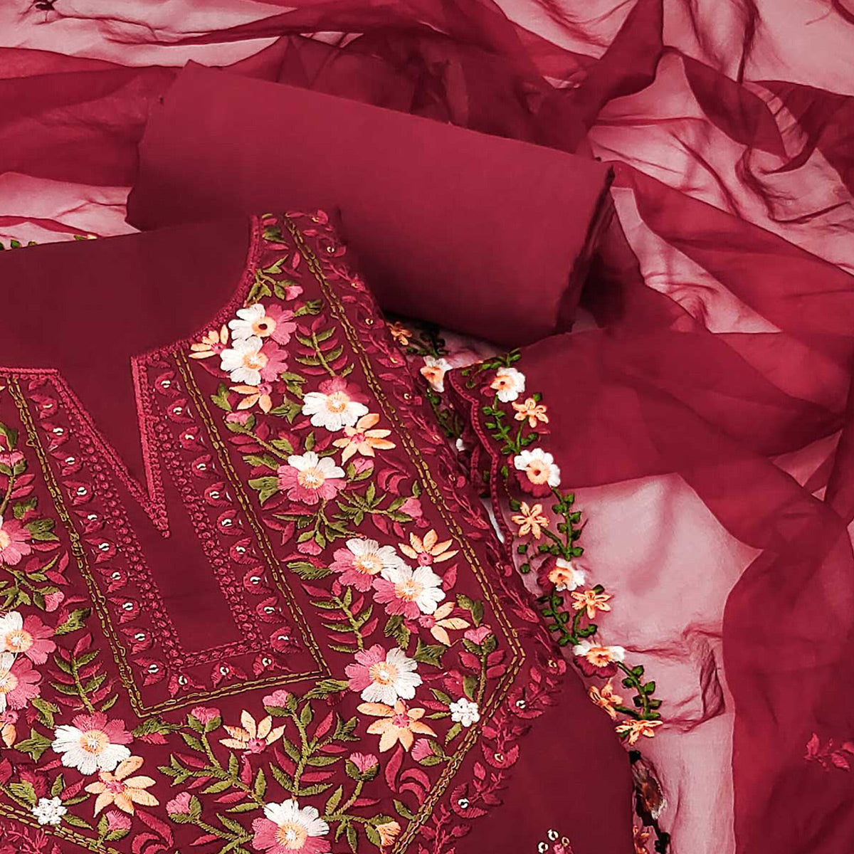 Maroon Floral Embroidered Viscose Dress Material