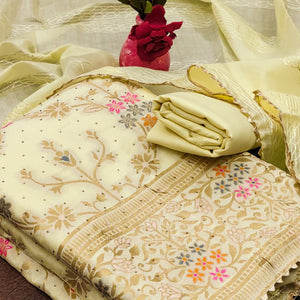 Light Yellow Floral Zari Weaving Banarasi Silk Dress Material