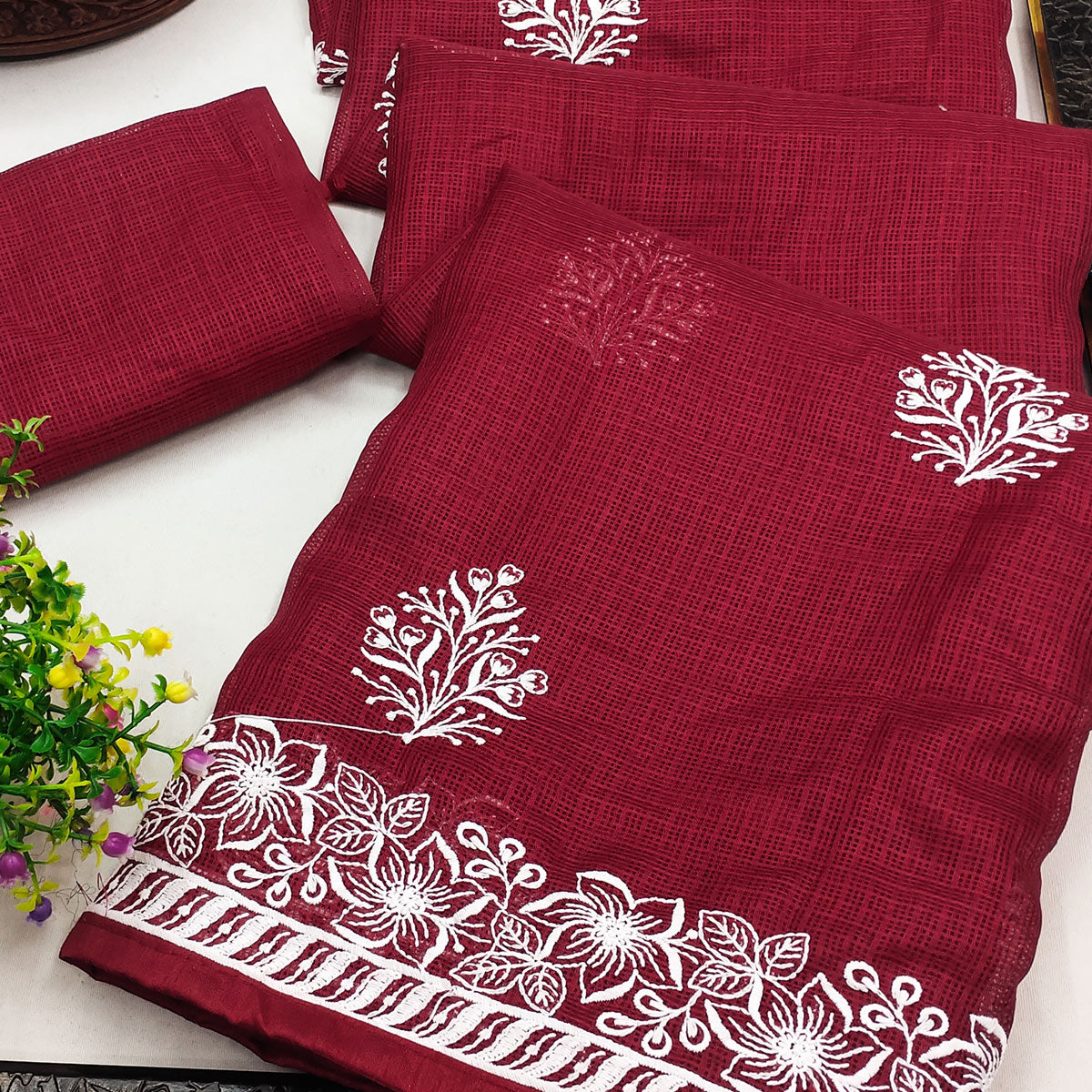 Maroon Floral Embroidered Kota Doria Saree