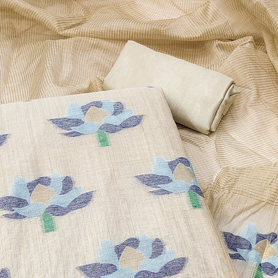 Cream & Blue Floral Woven Banarasi Silk Dress Material