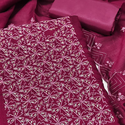 Dark Magenta Sequins Embroidered Vichitra Silk Dress Material