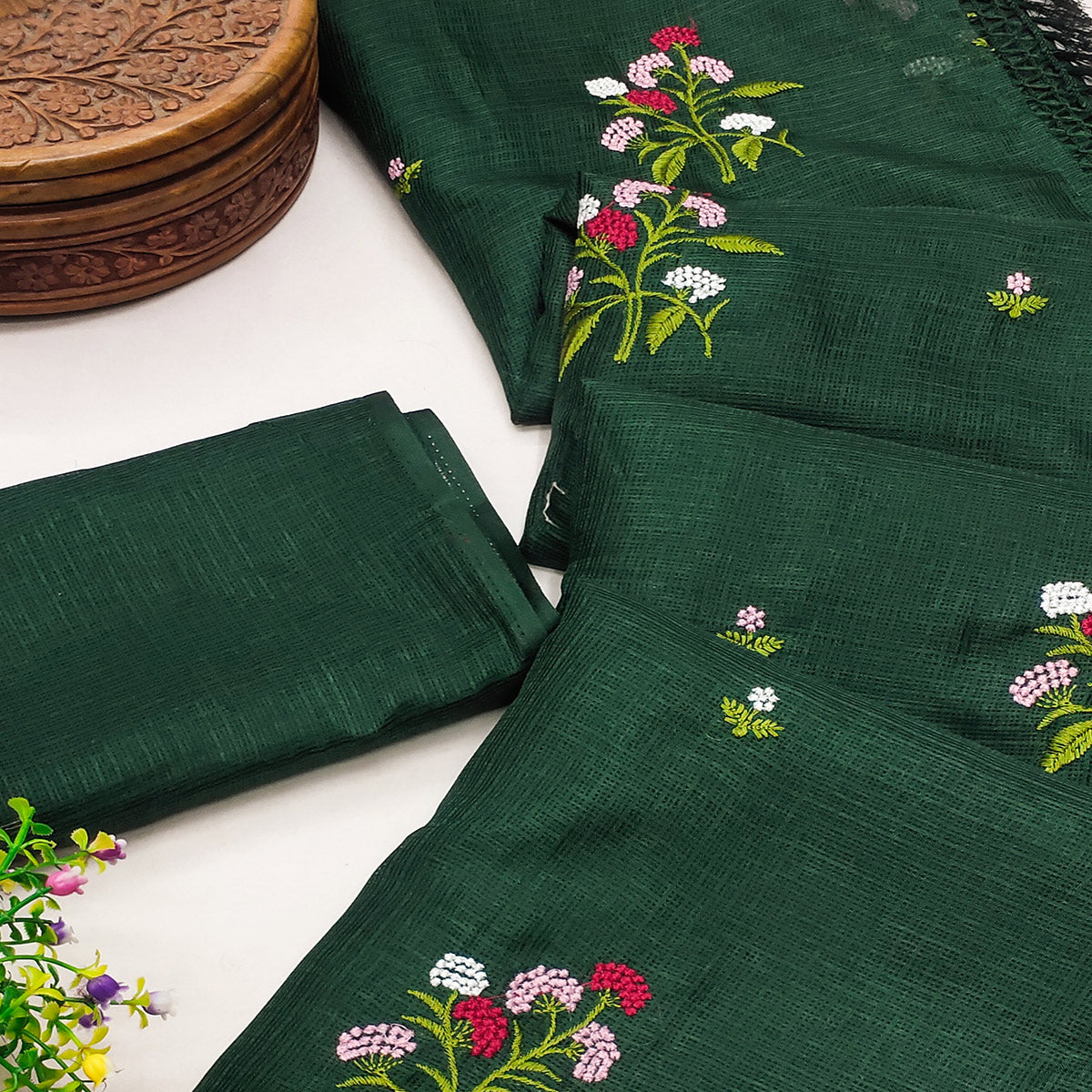 green-floral-embroidered-kota-doria-saree-with-tassels