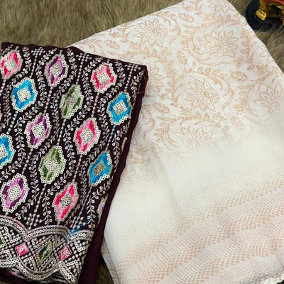 Cream Floral Printed Georgette Saree