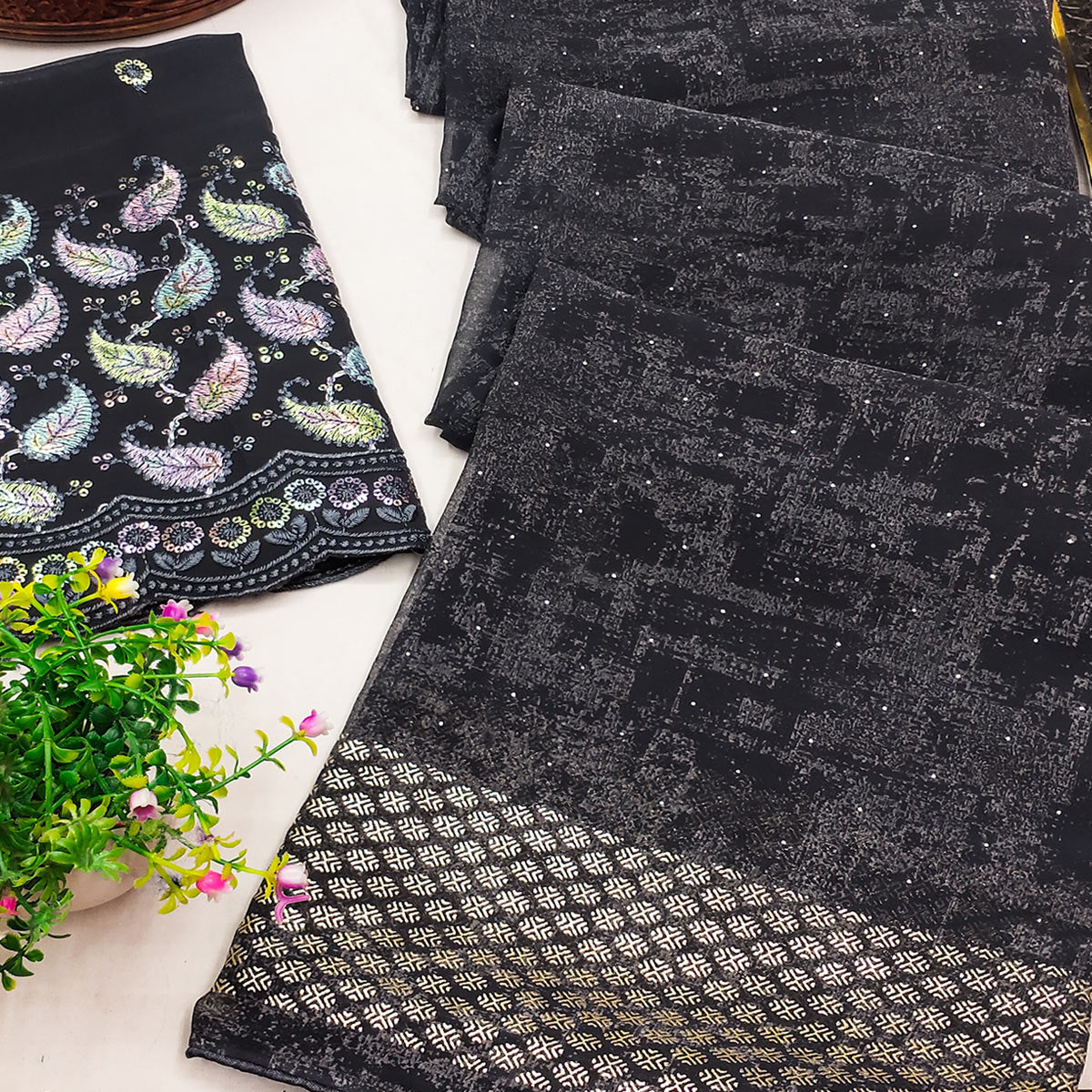 Dark Grey Abstract Printed Georgette Saree