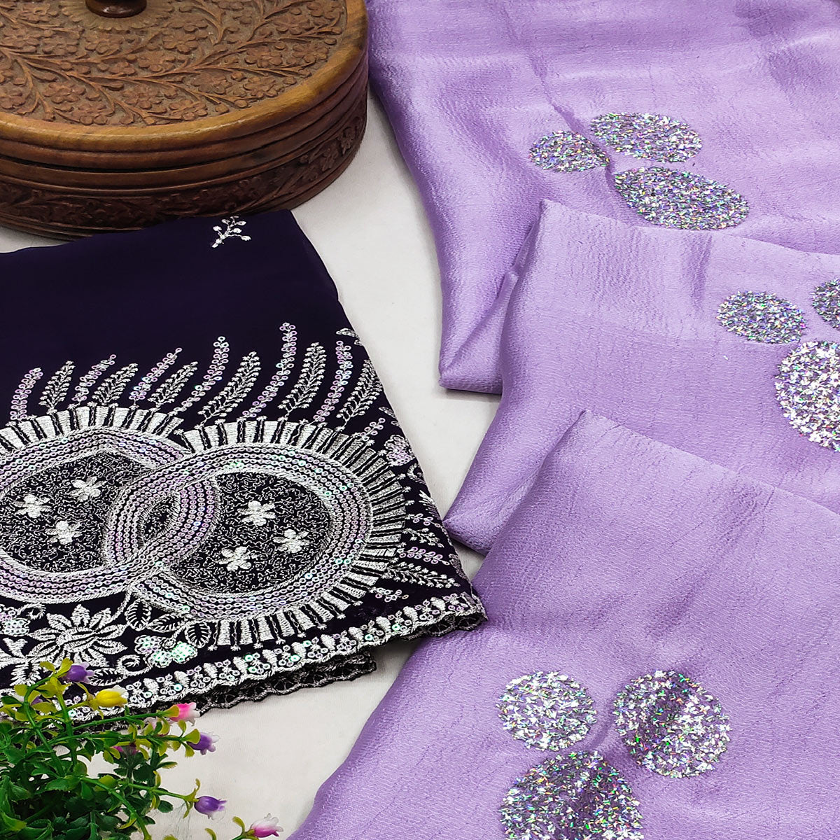 Lavender Mirror Work Embroidered Chiffon Saree