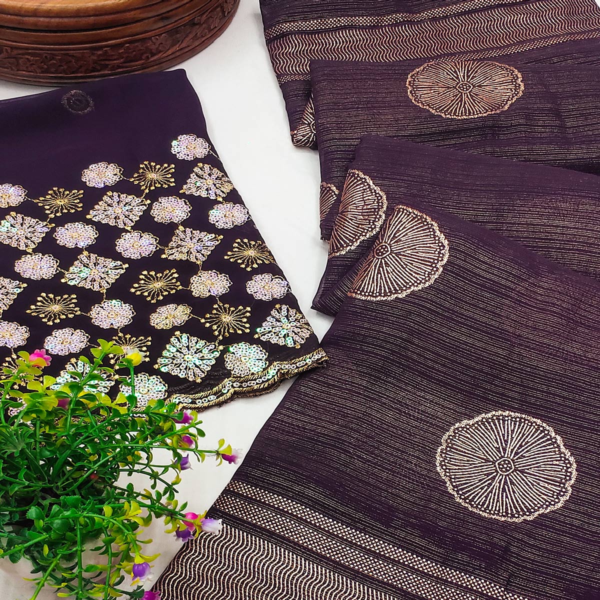 Dark Purple Foil Printed Georgette Saree