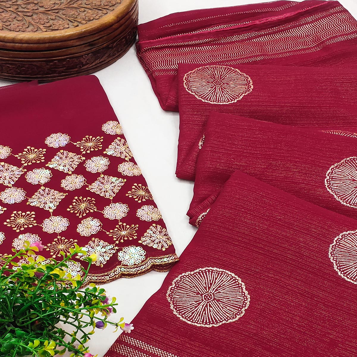 Maroon Foil Printed Georgette Saree