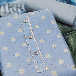 Blue Woven With Swarovski Work Banarasi Silk Dress Material