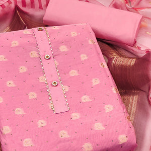 Gajari Pink Woven With Swarovski Work Banarasi Silk Dress Material