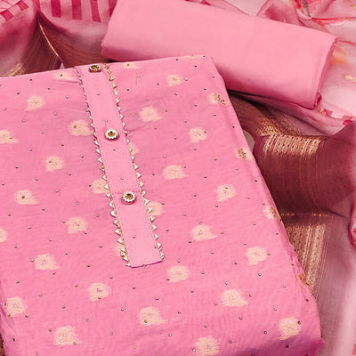 Gajari Pink Woven With Swarovski Work Banarasi Silk Dress Material