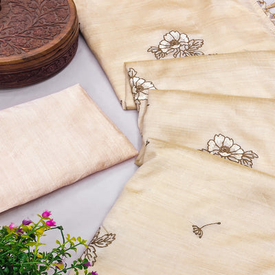 Cream Floral Embroidered Art Silk Saree