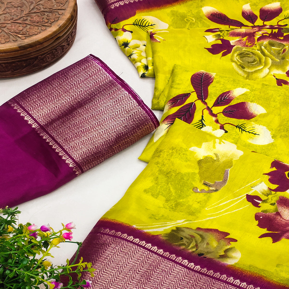 green-floral-printed-art-silk-saree-with-woven-border