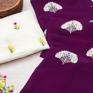 Dark Purple Thread Embroidered Georgette Saree With Tassels