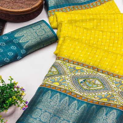 Lemon Yellow Madhubani Work Woven Dola Silk Saree