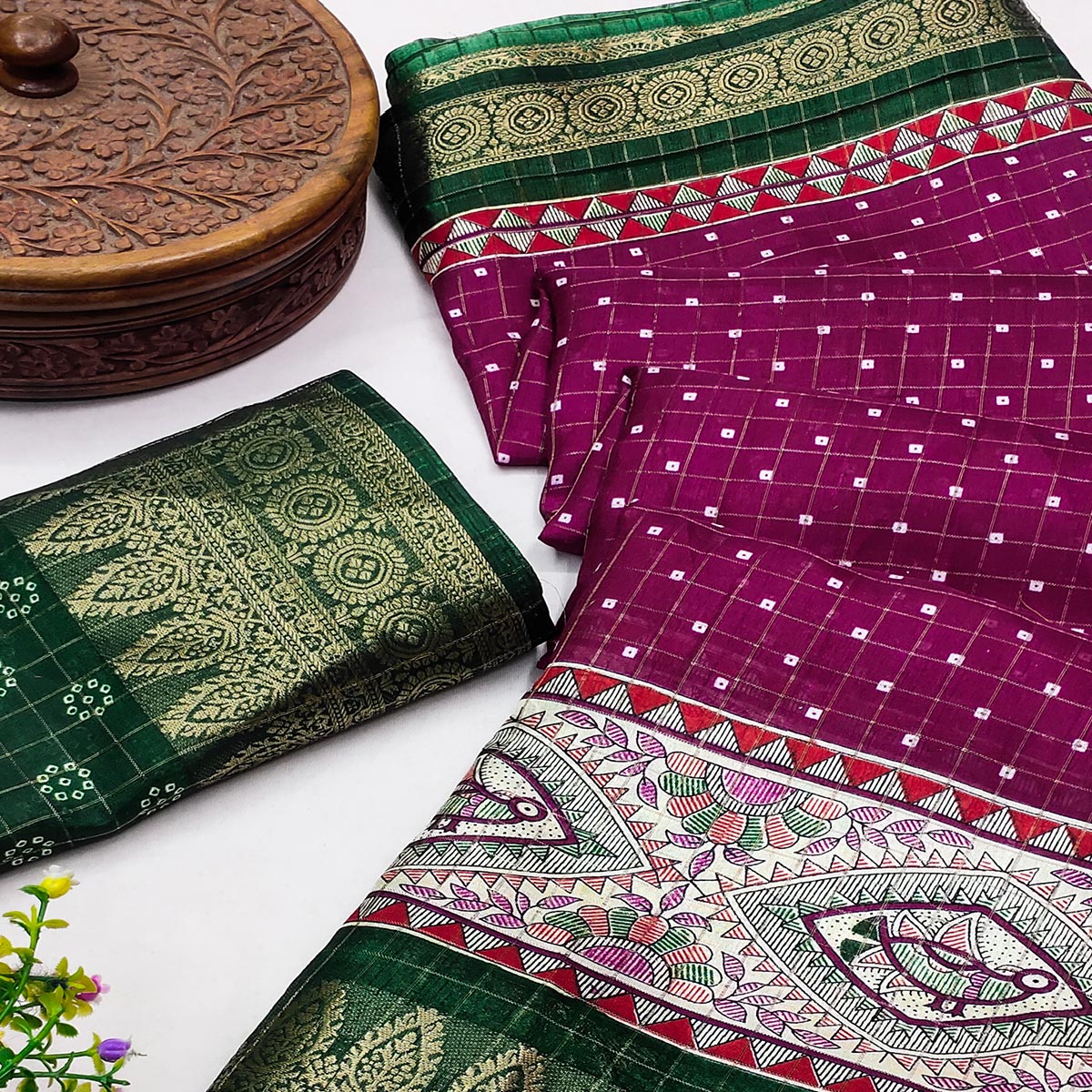 Magenta Madhubani Work Woven Dola Silk Saree