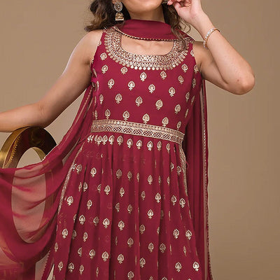 Maroon Sequins Embroidered Georgette Naira Cut Semi Stitched Suit