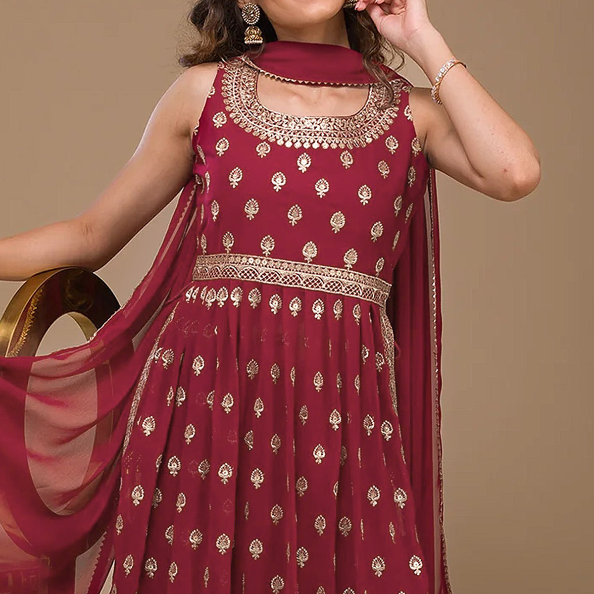 Maroon Sequins Embroidered Georgette Naira Cut Semi Stitched Suit