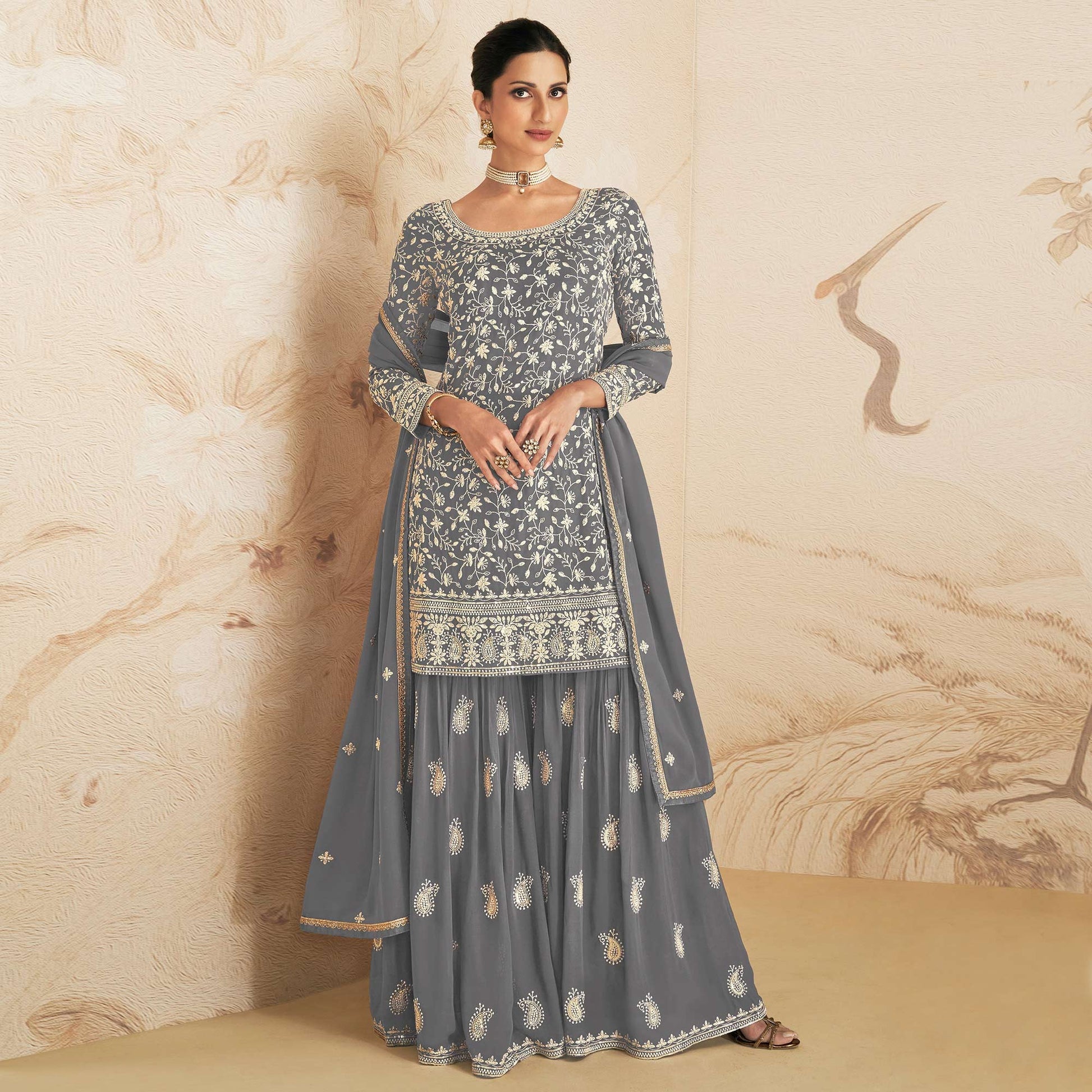 grey-floral-embroidered-georgette-semi-stitched-sharara-suit