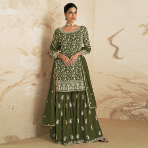 Mehendi Green Floral Embroidered Georgette Semi Stitched Sharara Suit