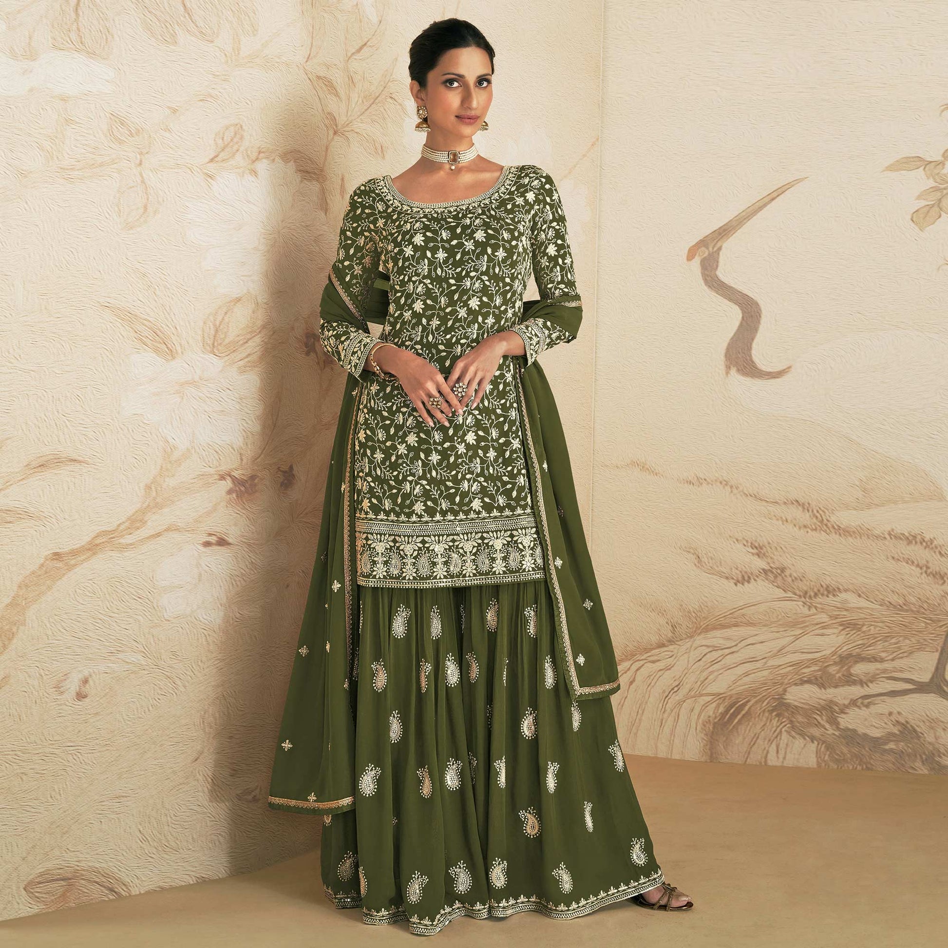 Mehendi Green Floral Embroidered Georgette Semi Stitched Sharara Suit