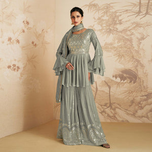 Grey Sequins Embroidered Chinon Semi Stitched Sharara Suit