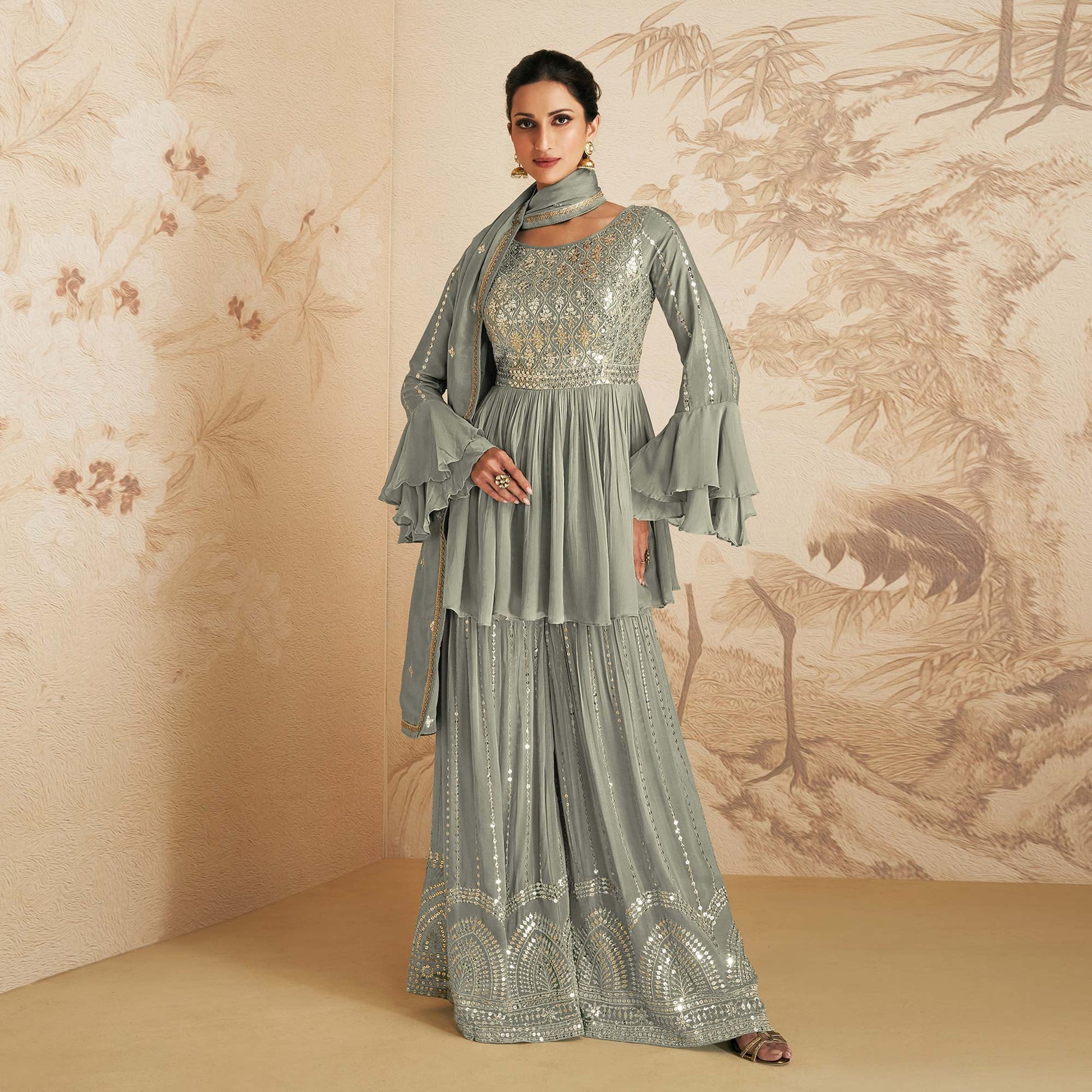 Grey Sequins Embroidered Chinon Semi Stitched Sharara Suit