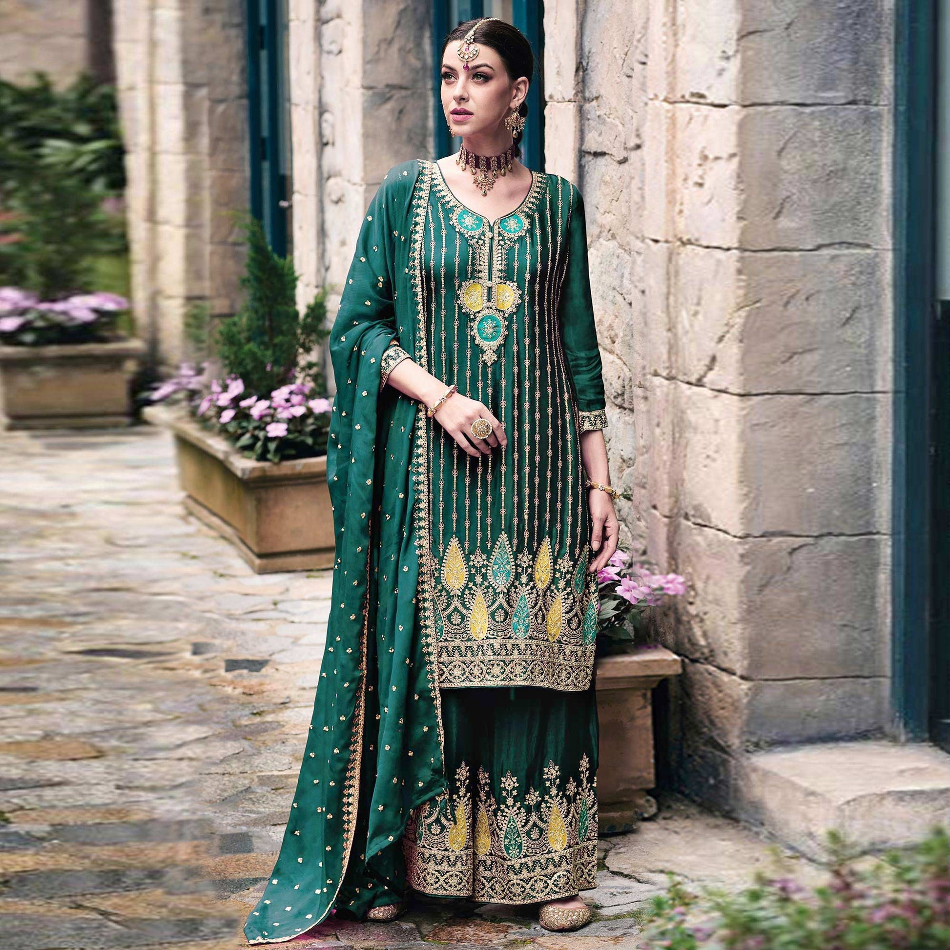 green-floral-embroidered-chinon-semi-stitched-suit