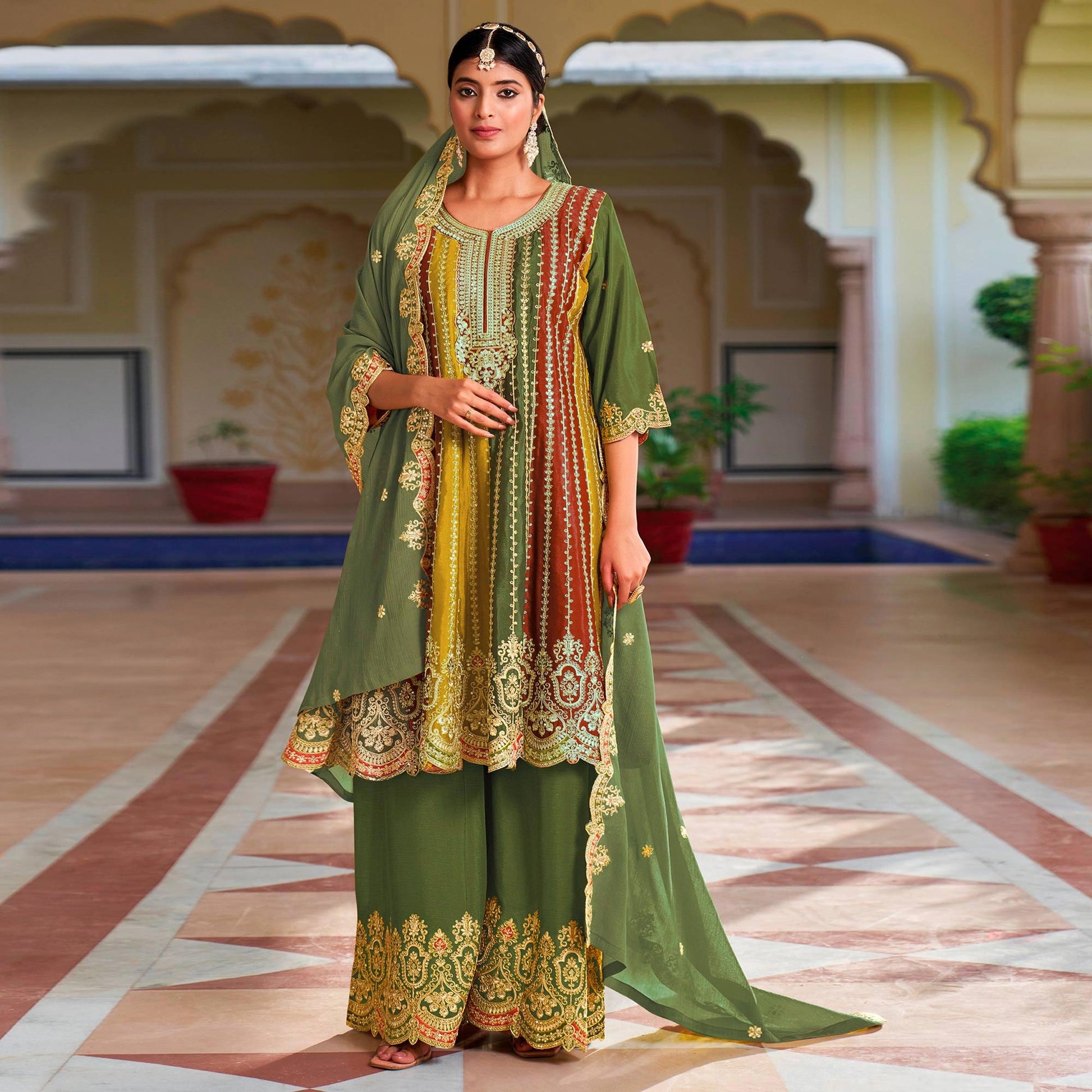 green-sequins-embroidered-chinon-semi-stitched-dress-material