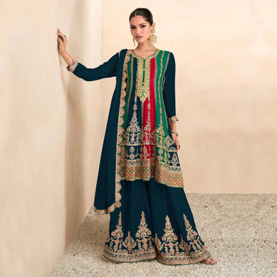 Morpich Sequins Embroidered Chinon Semi Stitched Sharara Suit