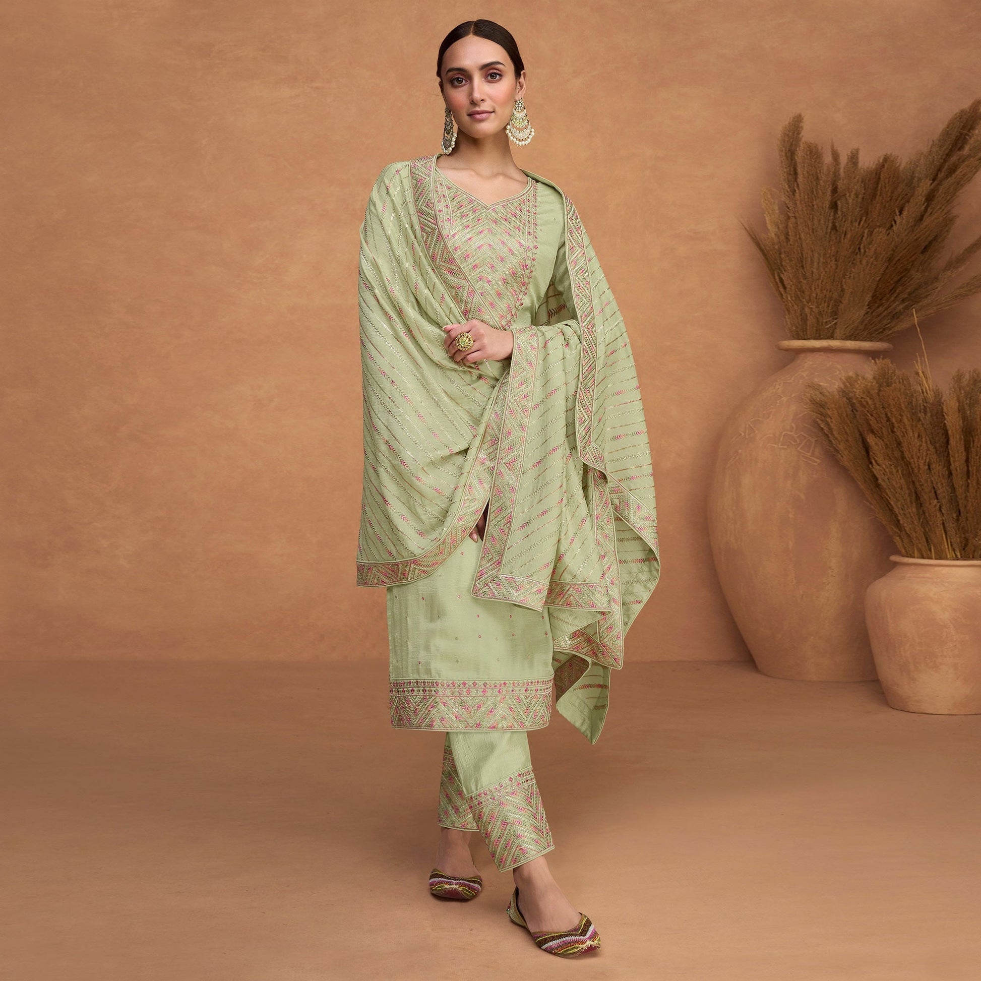 green-sequins-embroidered-pure-silk-semi-stitched-suit