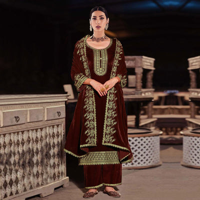 Maroon Floral Embroidered Velvet Semi Stitched Suit