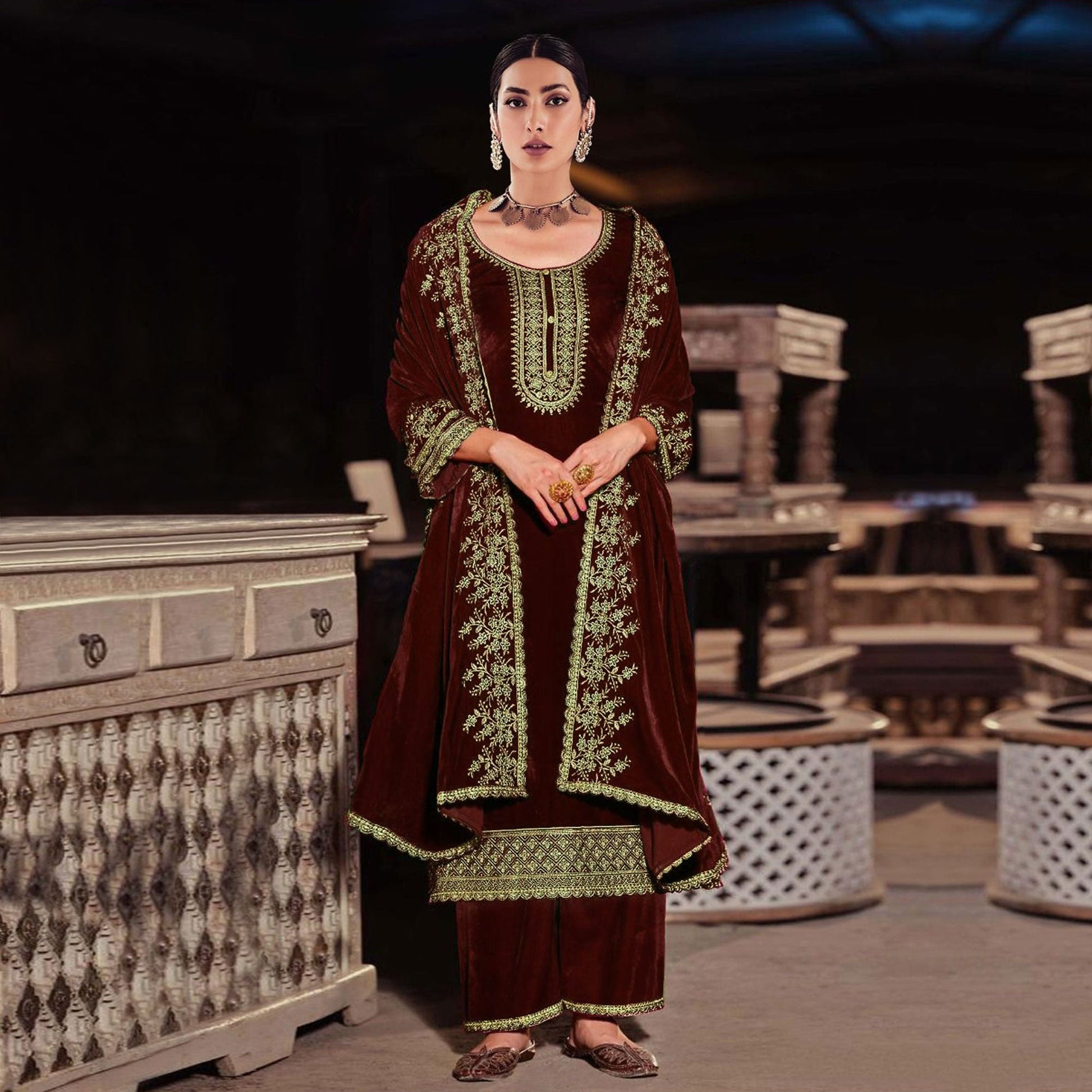 Maroon Floral Embroidered Velvet Semi Stitched Suit