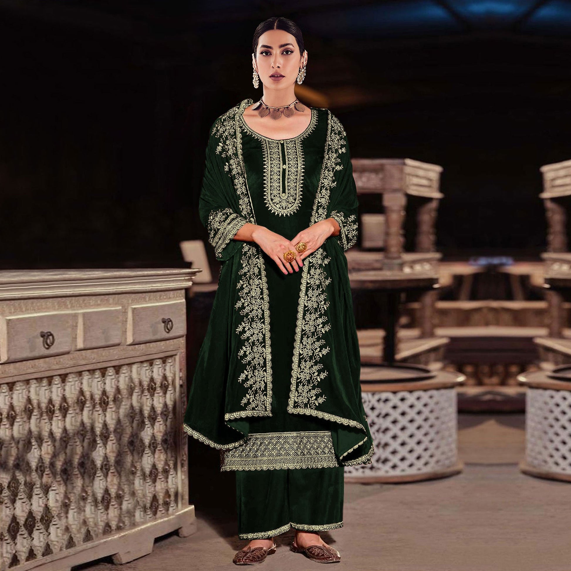 green-floral-embroidered-velvet-semi-stitched-suit