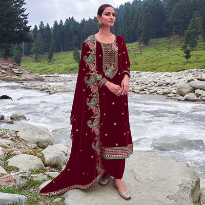 Maroon Floral Embroidered Velvet Semi Stitched Salwar Suit