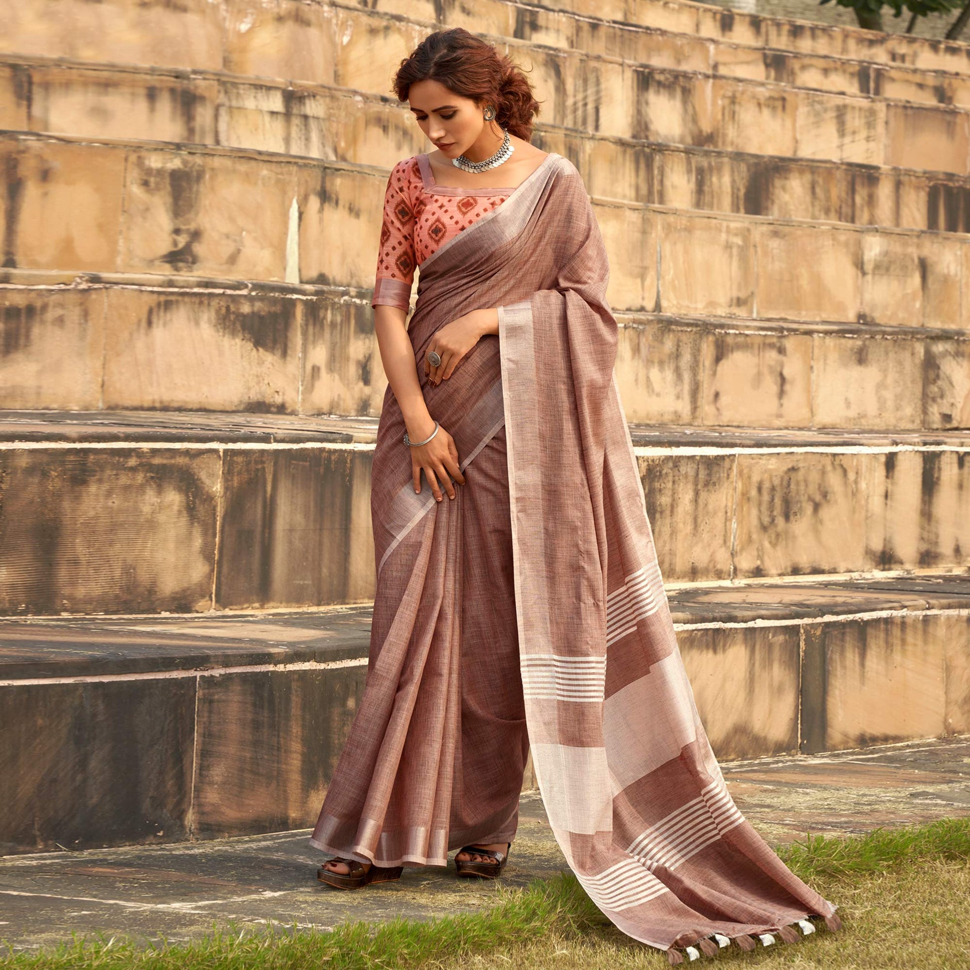 Brown Striped Printed Linen Saree With Tassels