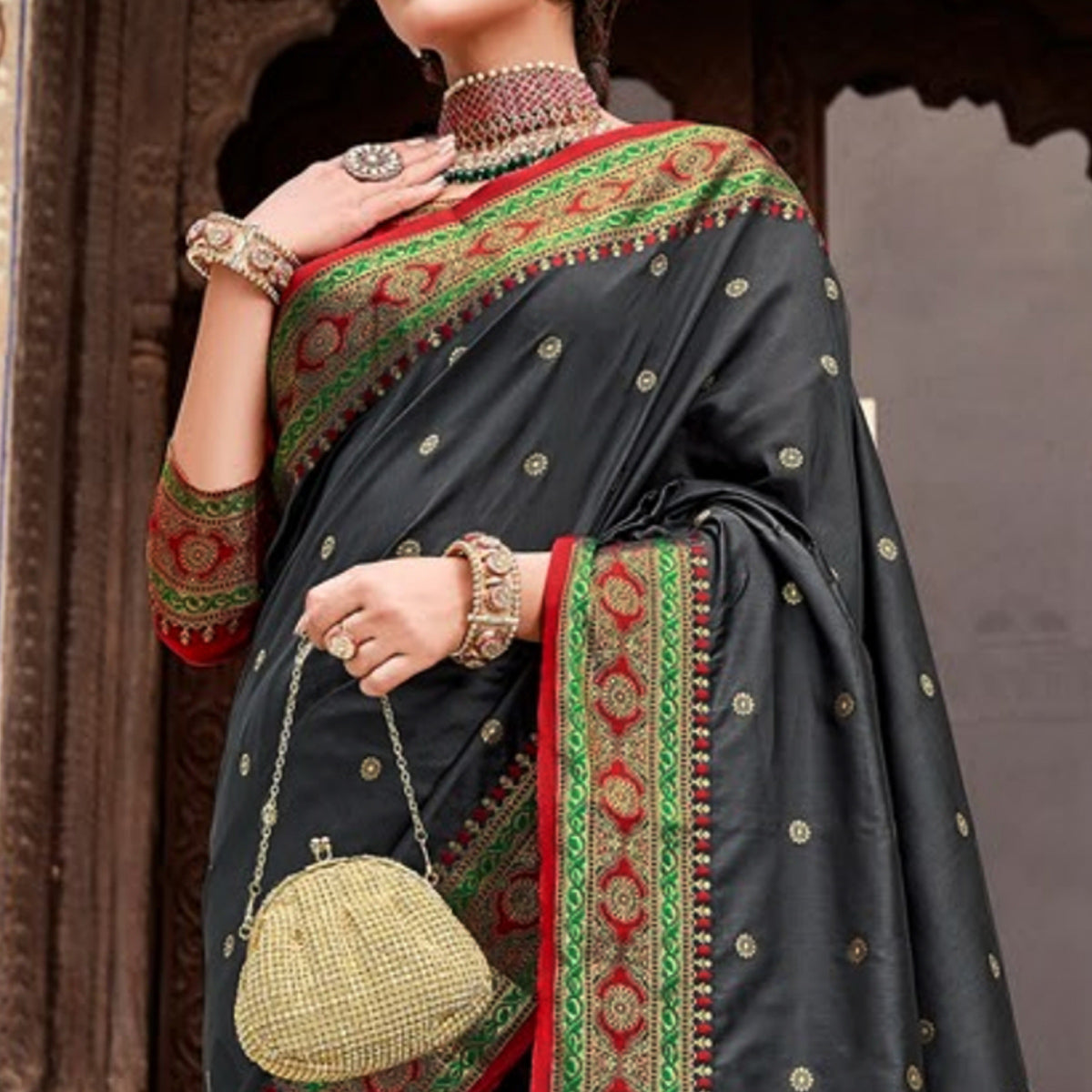 Grey Woven Pure Silk Saree With With Tassels