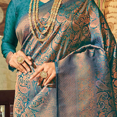 Morpich Green Floral Zari Woven Kanjivaram SIlk Saree