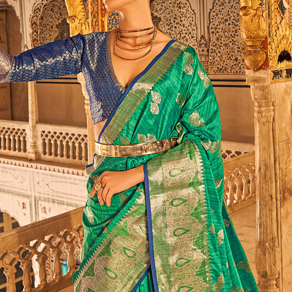 green-floral-woven-tussar-silk-saree