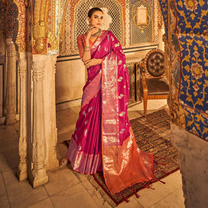 Magenta Pink Floral Woven Tussar Silk Saree