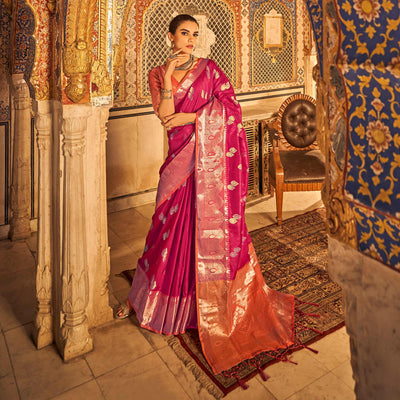 Magenta Pink Floral Woven Tussar Silk Saree