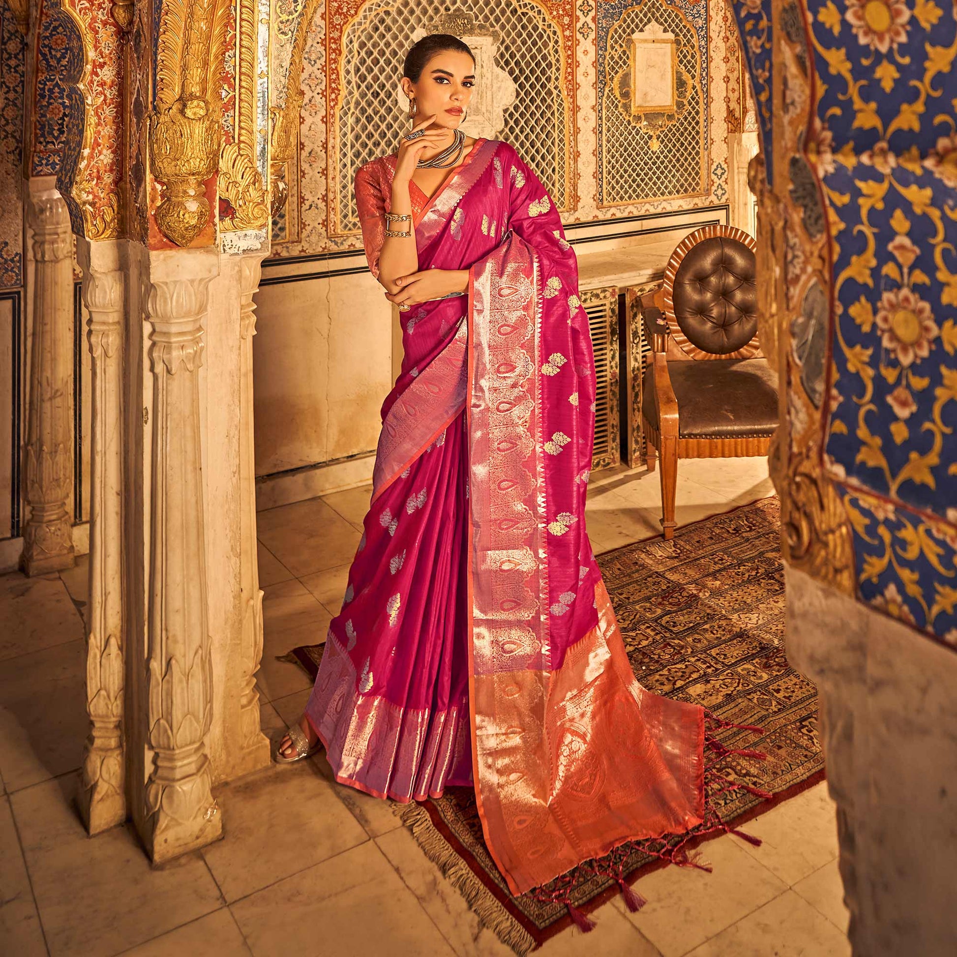 Magenta Pink Floral Woven Tussar Silk Saree