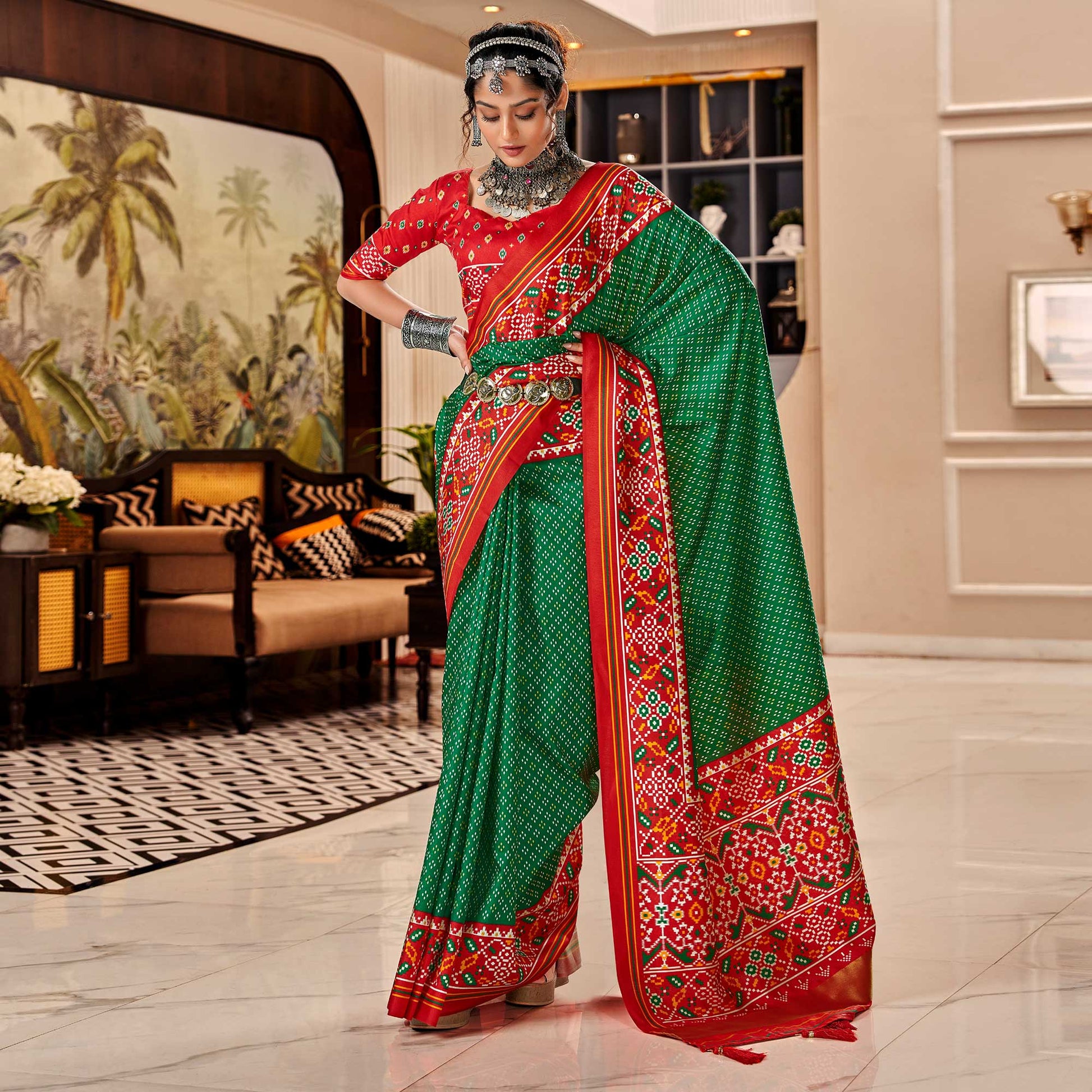green-red-patola-printed-tussar-silk-saree