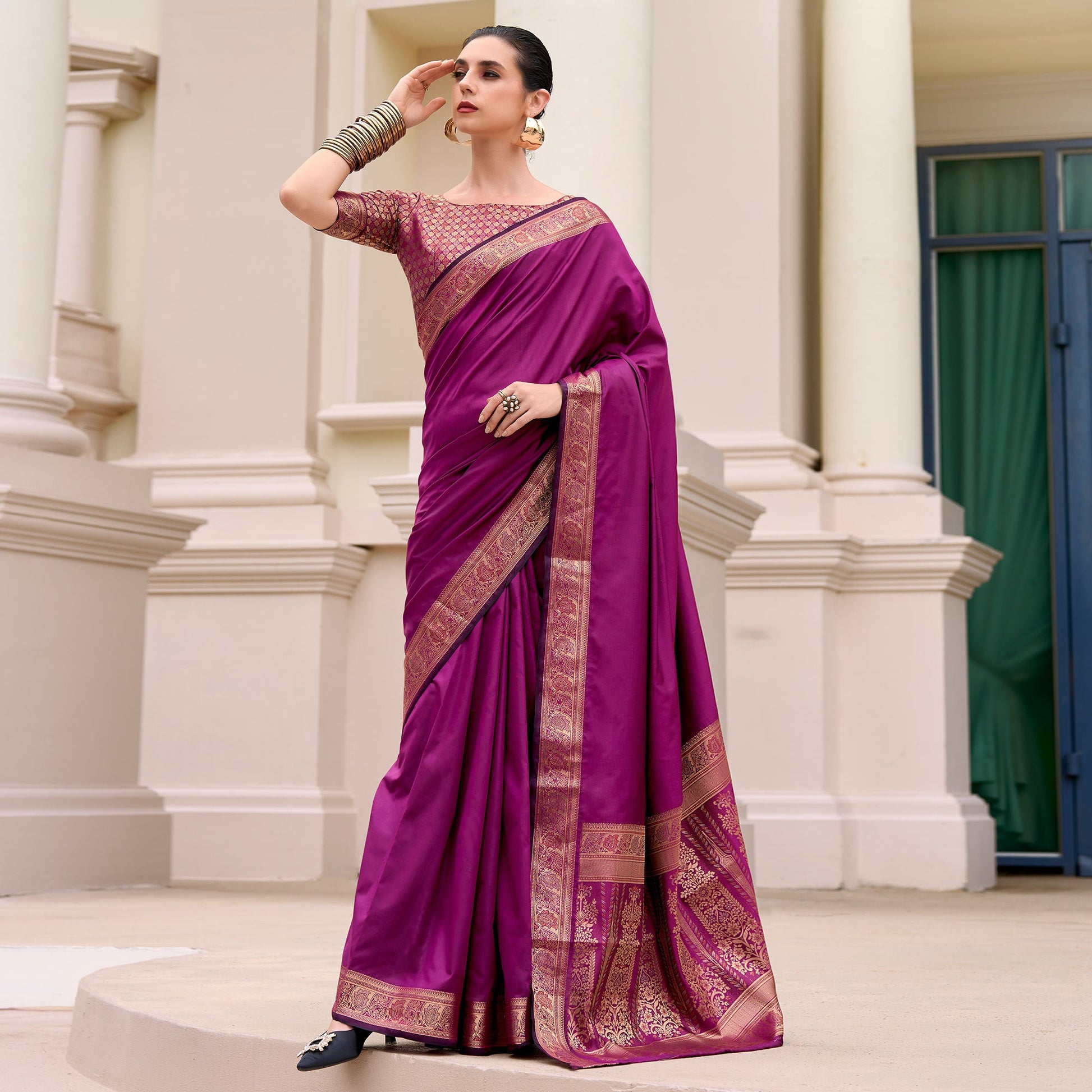 Magenta Woven Banarasi Silk Saree With Zari Border